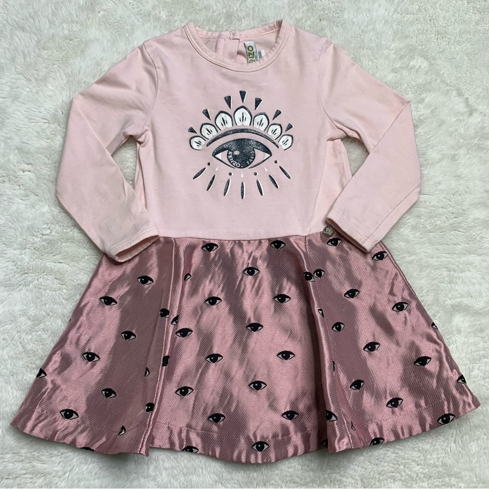 Kenzo Girls Metallic Pink Long Sleeve Pleated Eyes Print Crew Neck Dress Size 2